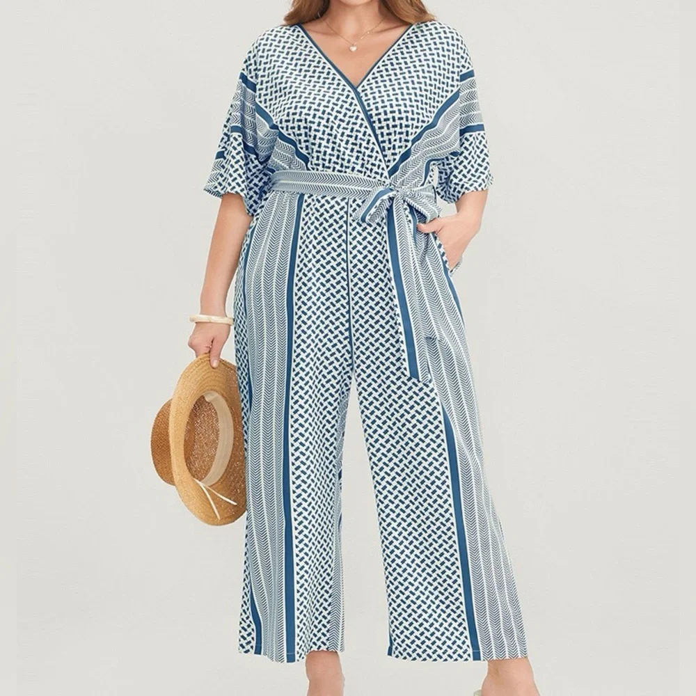 BloomChic Geometric Blue and White Jumpsuit Plus Size 3X - Picture 1 of 8